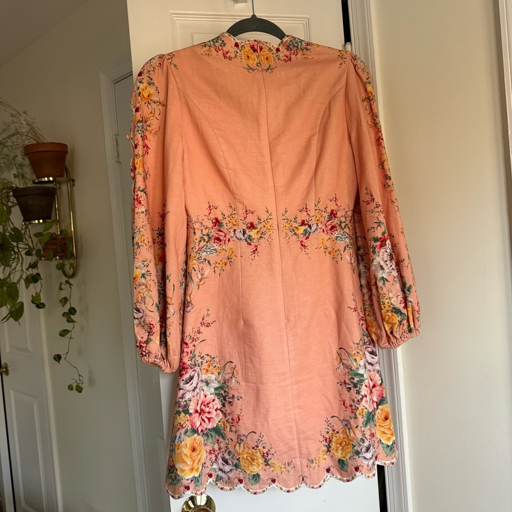 Zimmermann Zinnia Scallop Mini Dress Pink Floral Long Sleeve Linen - Size XS - Picture 7 of 15